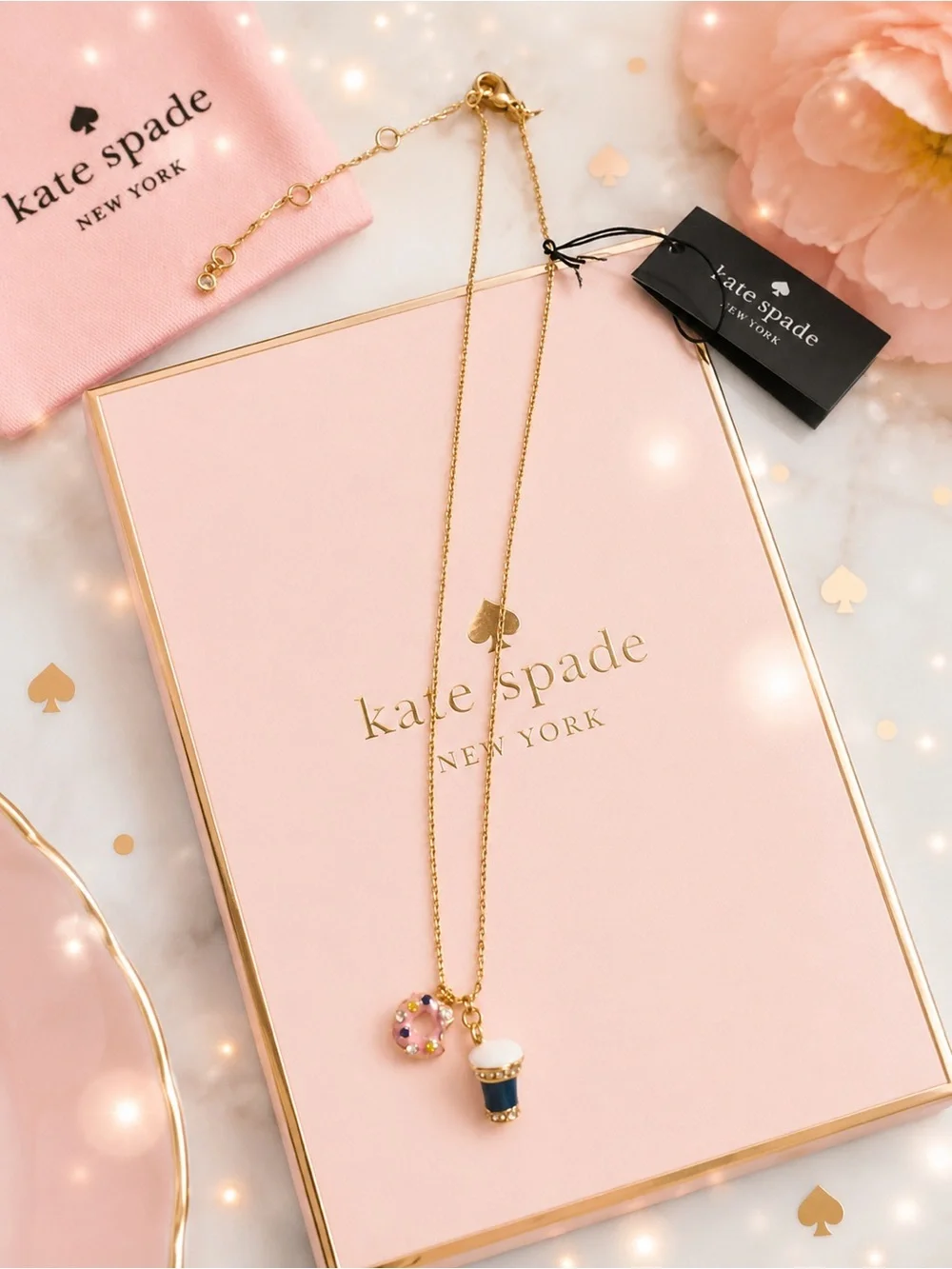 Kate Spade New York Coffee Cup & Donut Charm Necklace ☕🍩 | Gold Tone